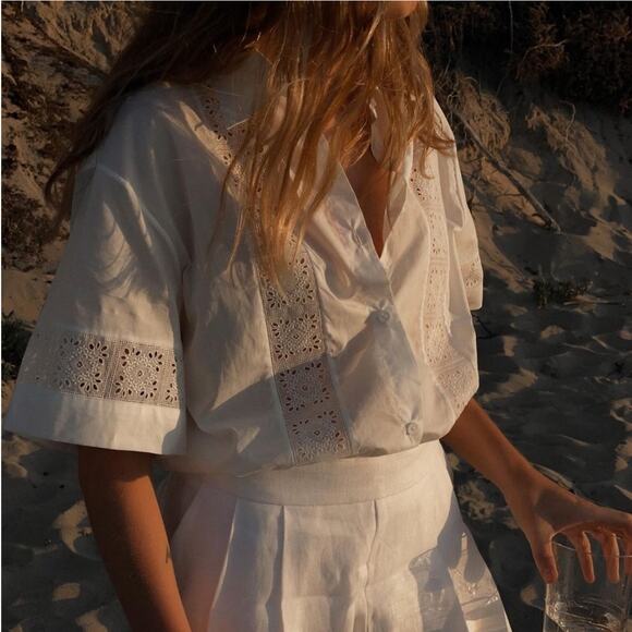 Matteau Tops - Matteau Women Broderie Lace Trim Shirt Size 8 White Boho Beachy Coastal ARV $620